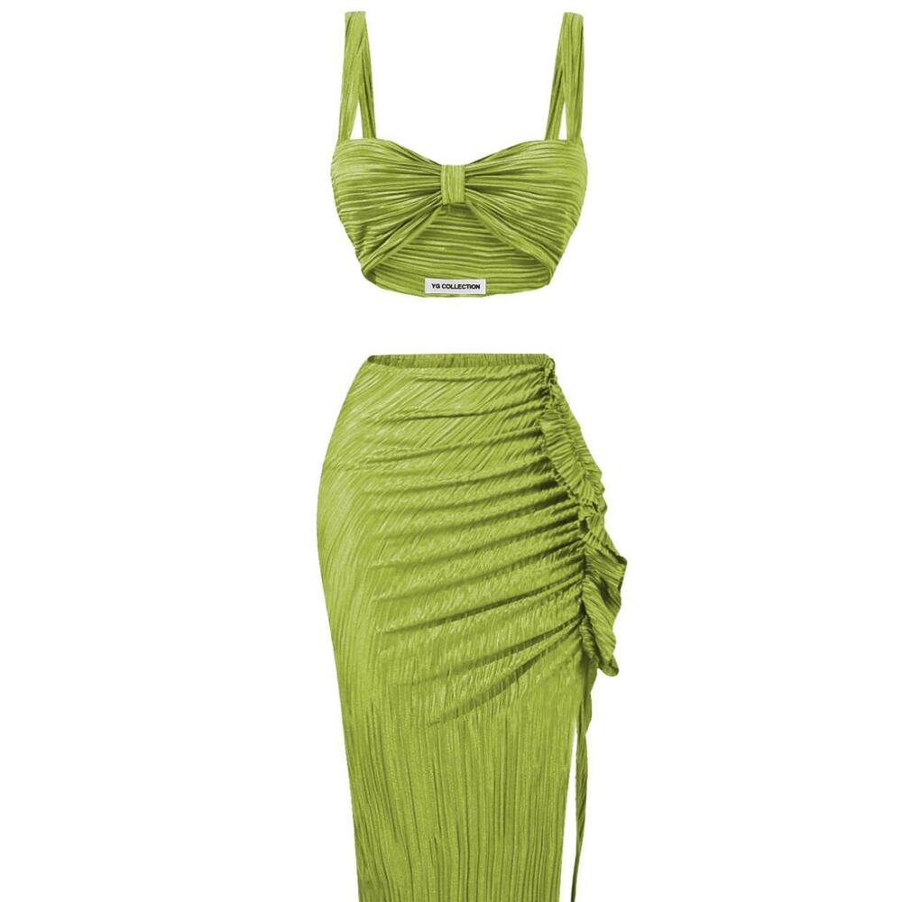 YG COLLECTION- Kara Two Piece Knotted Skirt Set - Green